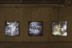 Haager Deep Field (The blow-ups) No. 2 Surge Nebula / No. 1 Twinkle Nebula / No 3 Glitter Nebula, each 2015, backlit film, each 150 x 150 x 12 cm